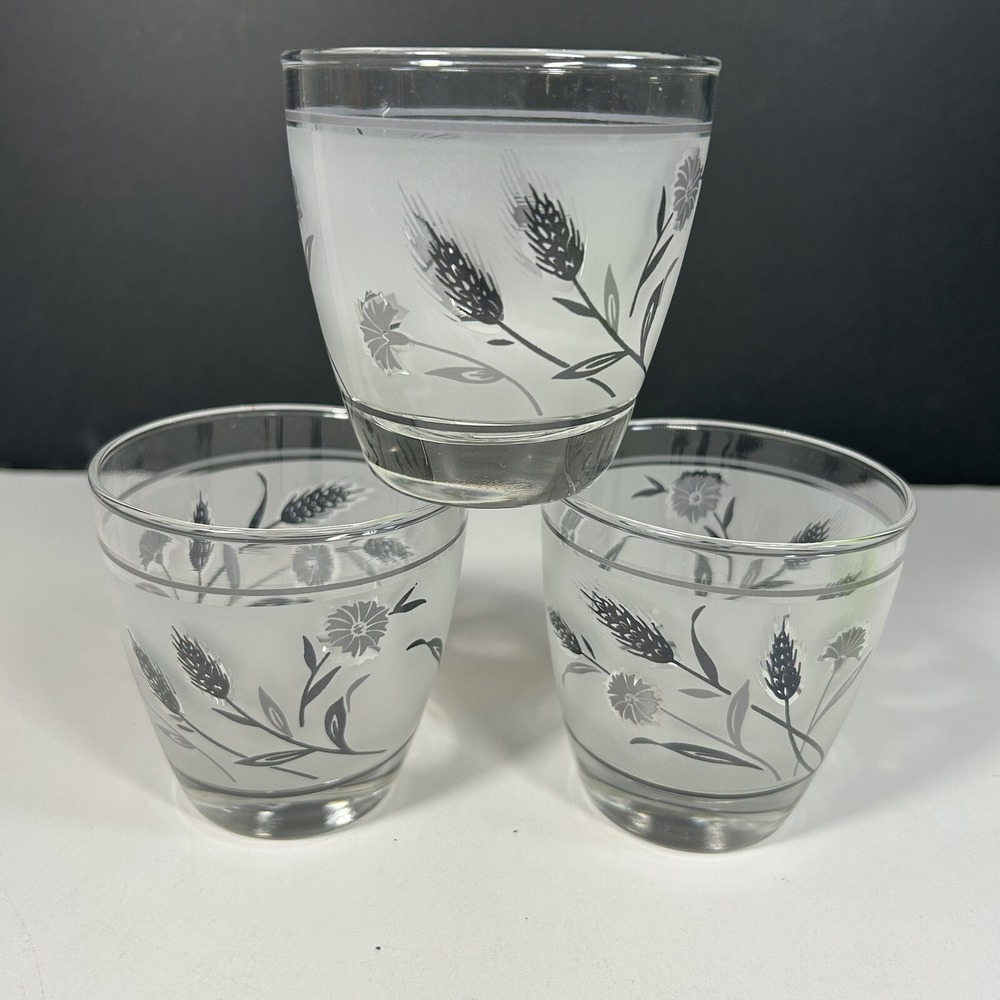 Set Of 3 Libbey Glasses Frosted Silver Leaf Old Fashioned Low Ball Vintage Glass - Picture 1 of 9